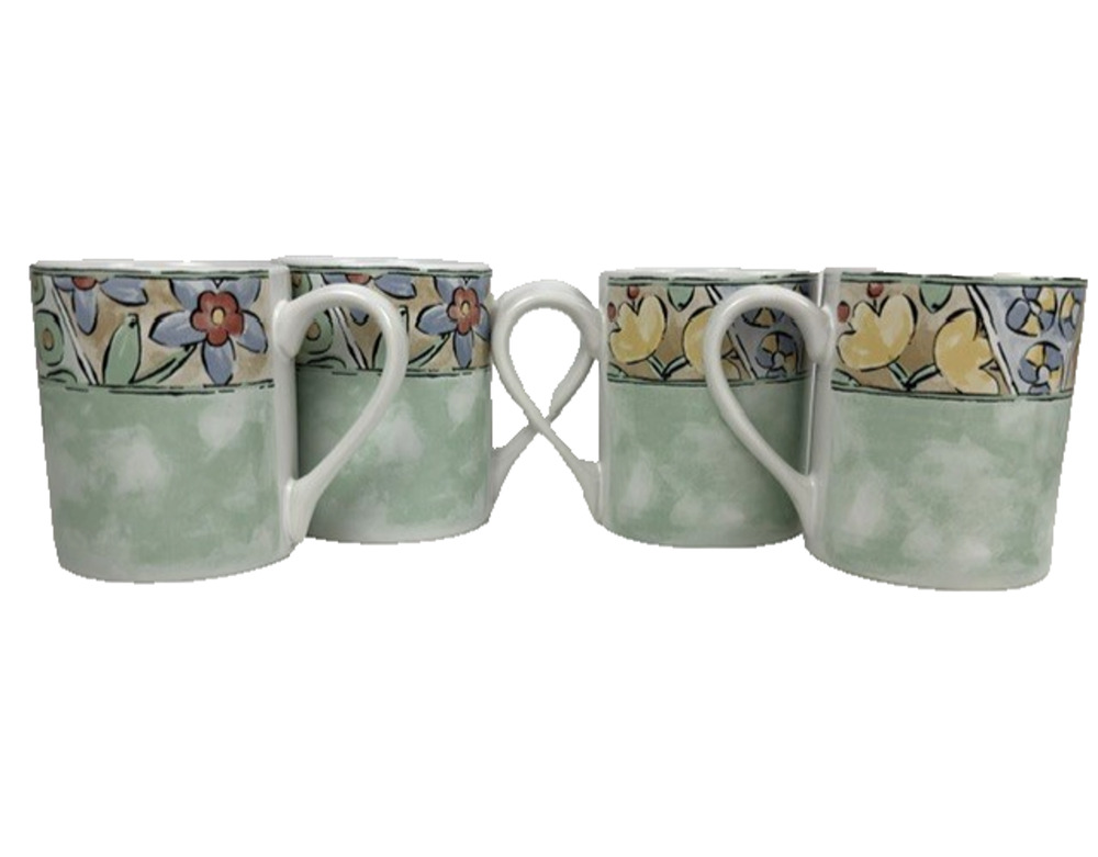 Corning Corelle Watercolors 4 Mugs Floral, Fruit, Vines, Smooth, No Trim